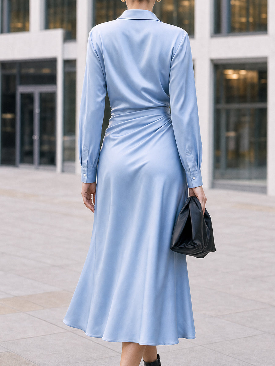 Light Blue Satin Shirt Dress with Collar