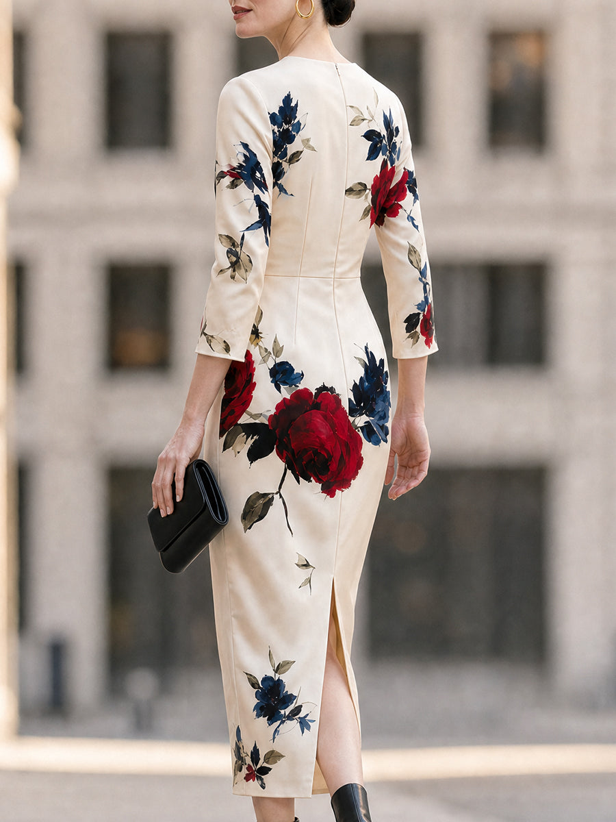 Cream Floral Satin Midi Dress with Crew Neck