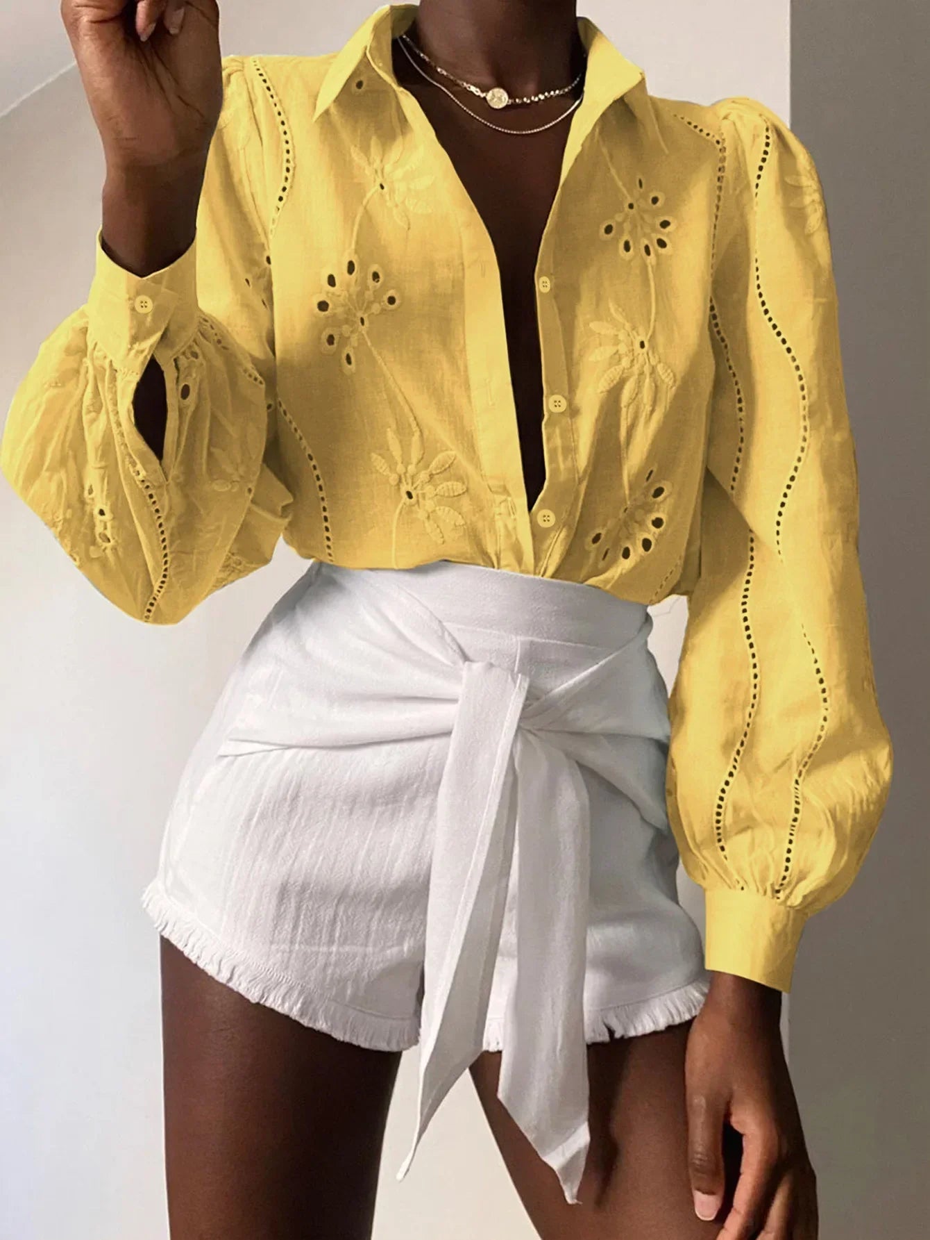 Paris | Eyelet Embroidered Puff-Sleeve Button Down Blouse