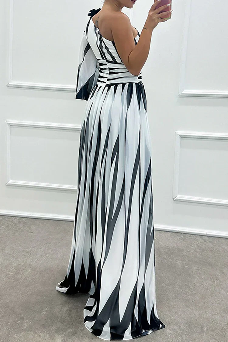 Sage | Stripe-Print One Shoulder Slit Formal Maxi Dress