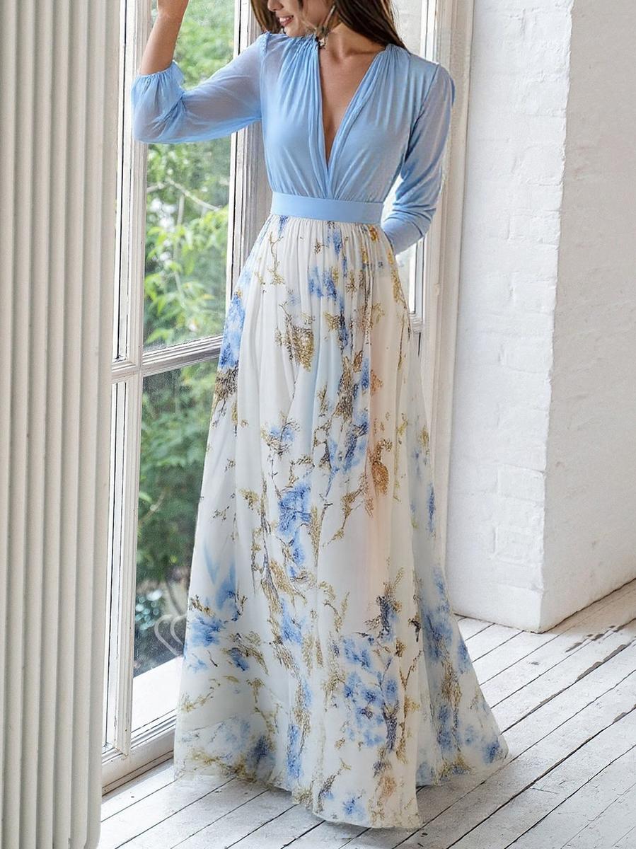 Aurora | Botanical Print Print V Neck Chiffon Maxikjole