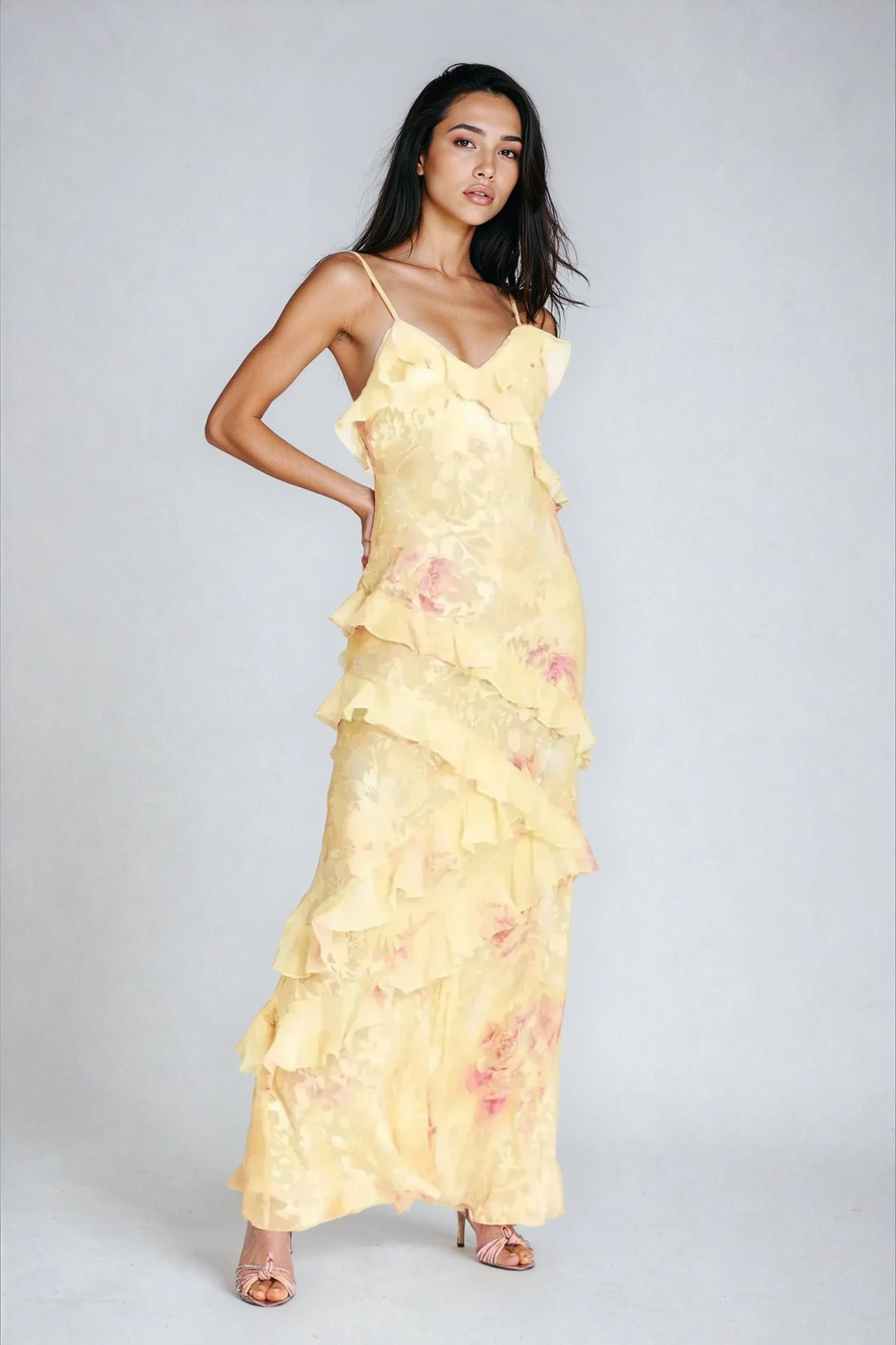 Saige | Botanical Print Ruffle Open Back Summer Maxi Dress