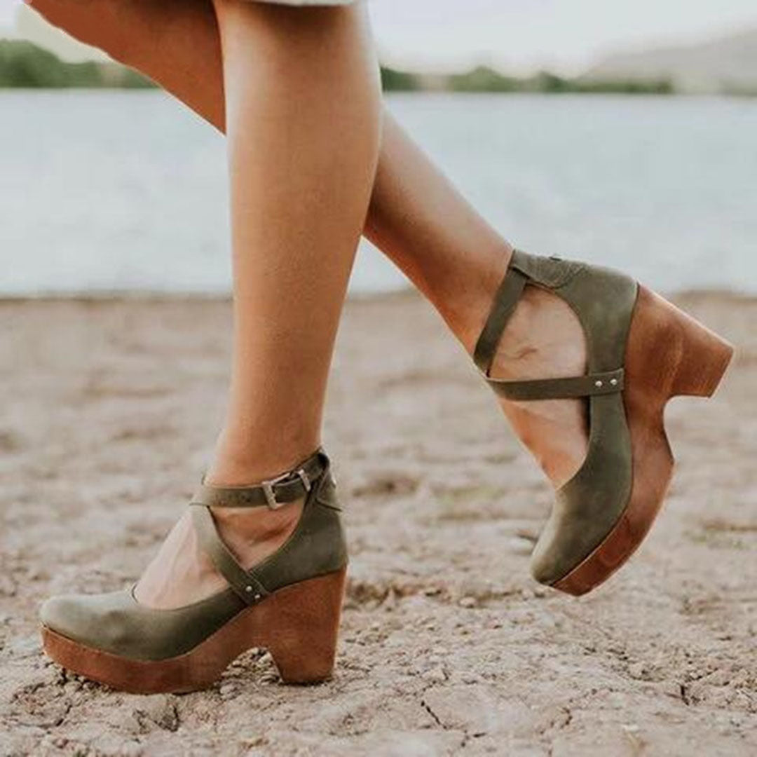 Aspen | Crossover Ankle Strap Wooden Wedge-Heel Hæle