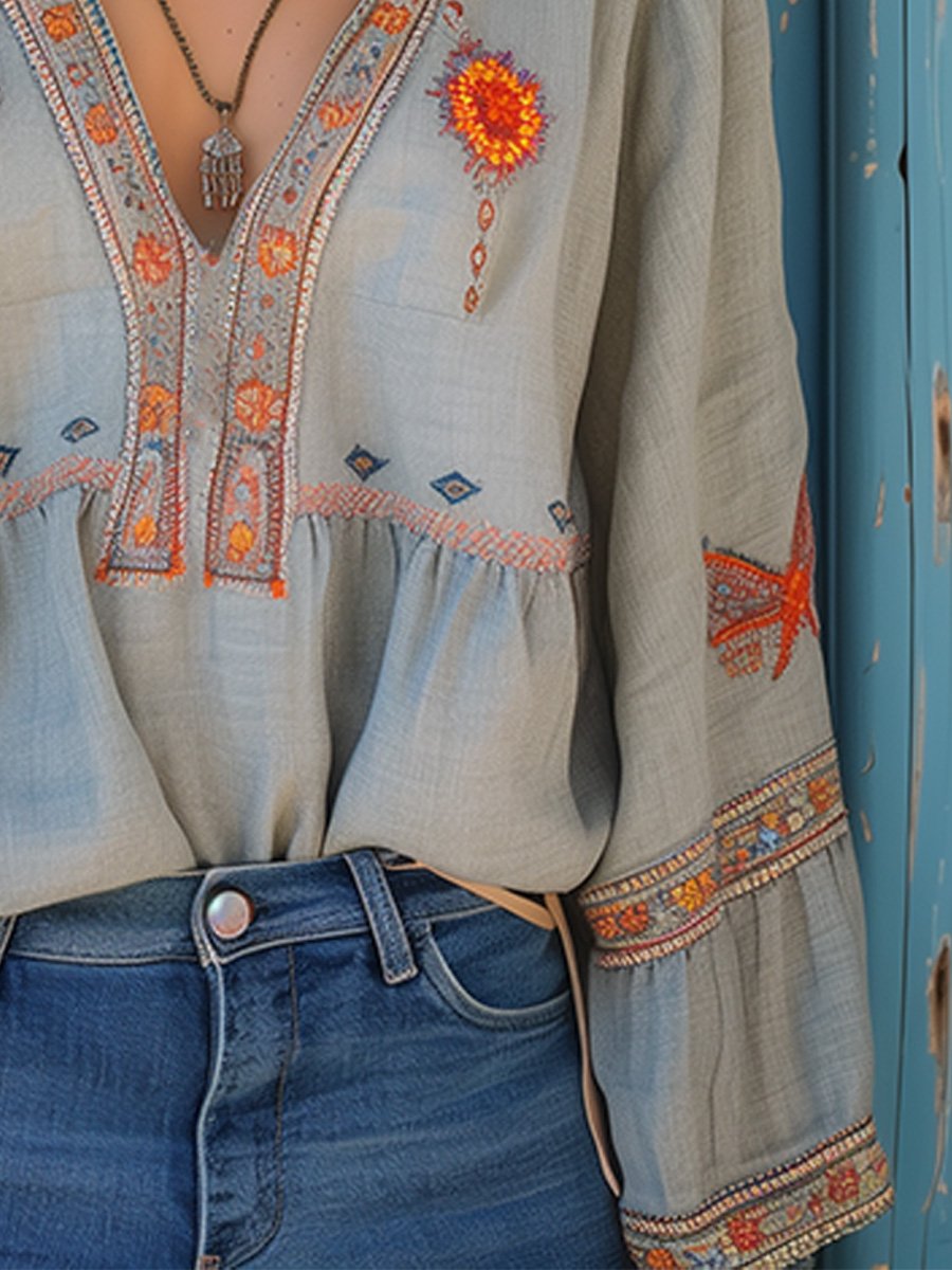 Jocelyn Embroidered V Neck Peasant Blouse