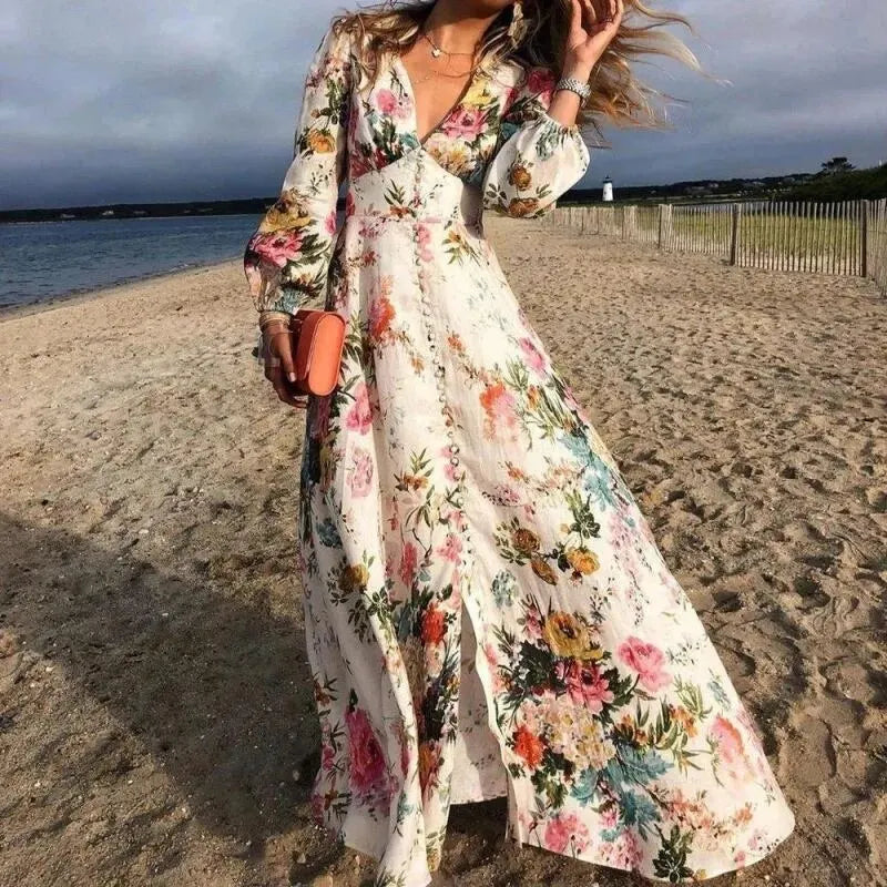 Kennedy | Botanical Print Button Front V Neck Maxi Beach Dress