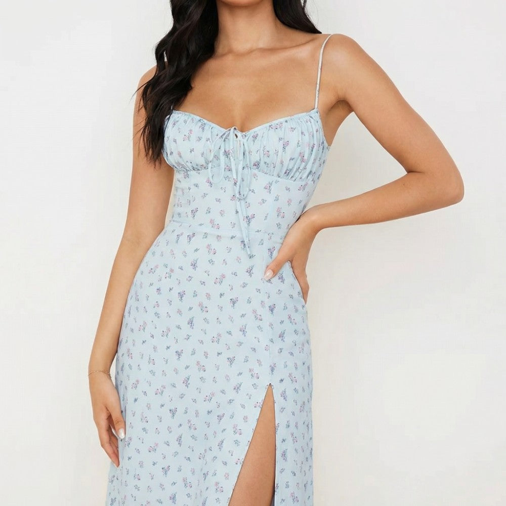 Sera | Floral Ruched Lace-Up Midi Slip Dress