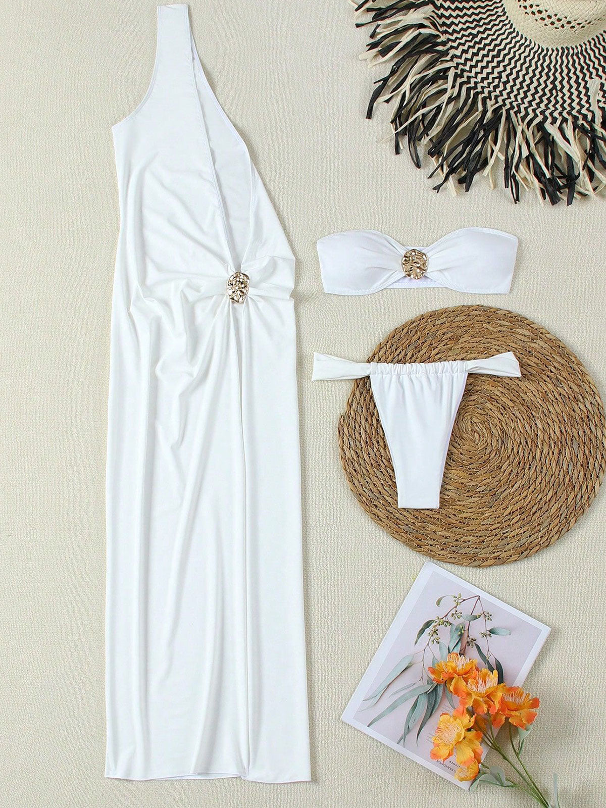 Goldie | Sparkly Gold Trim Bandeau Three Piece Bikini Set