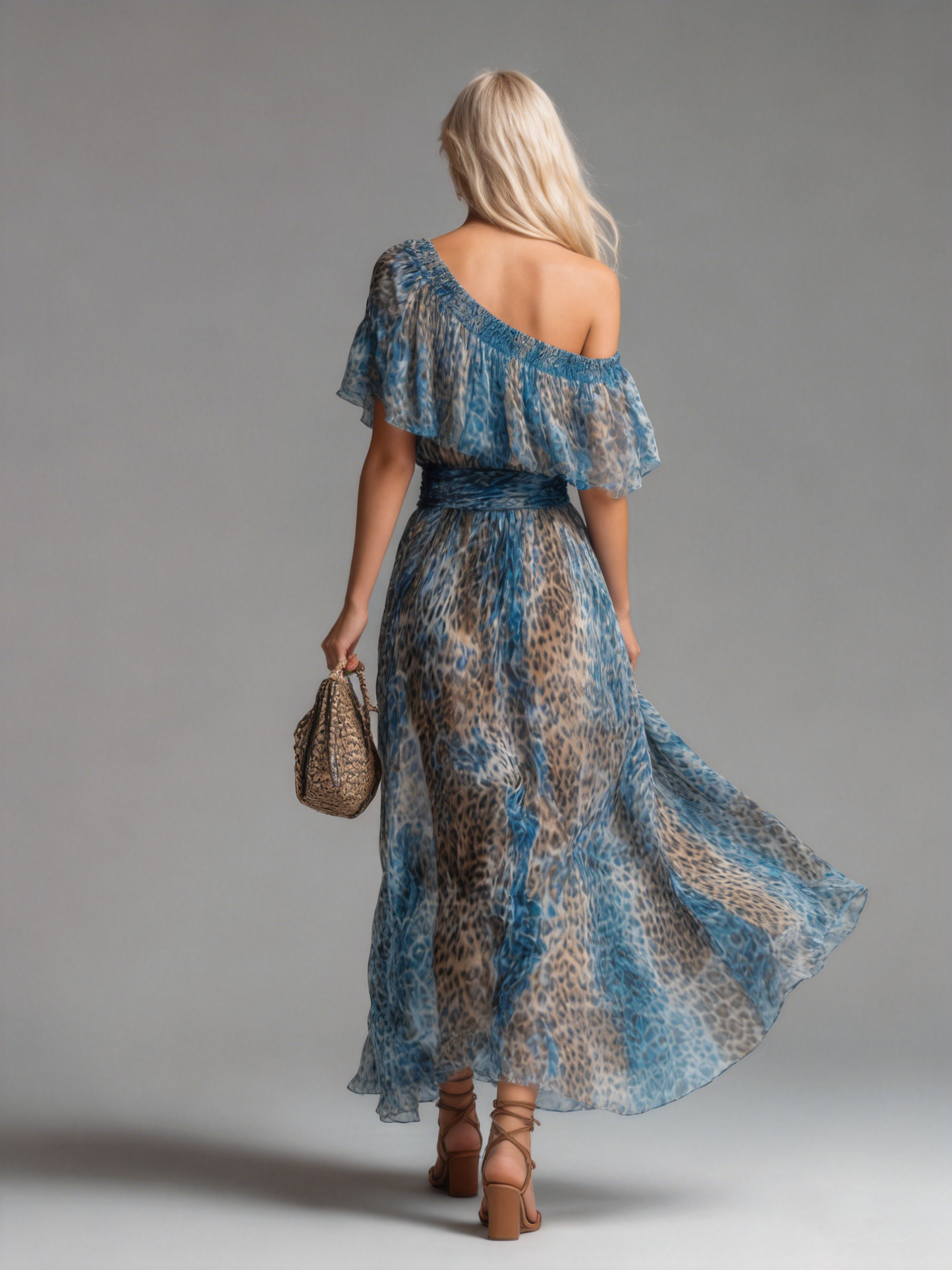 Leo | Off Shoulder Blå Leopard Print Sommermaxikjole til Kvinder