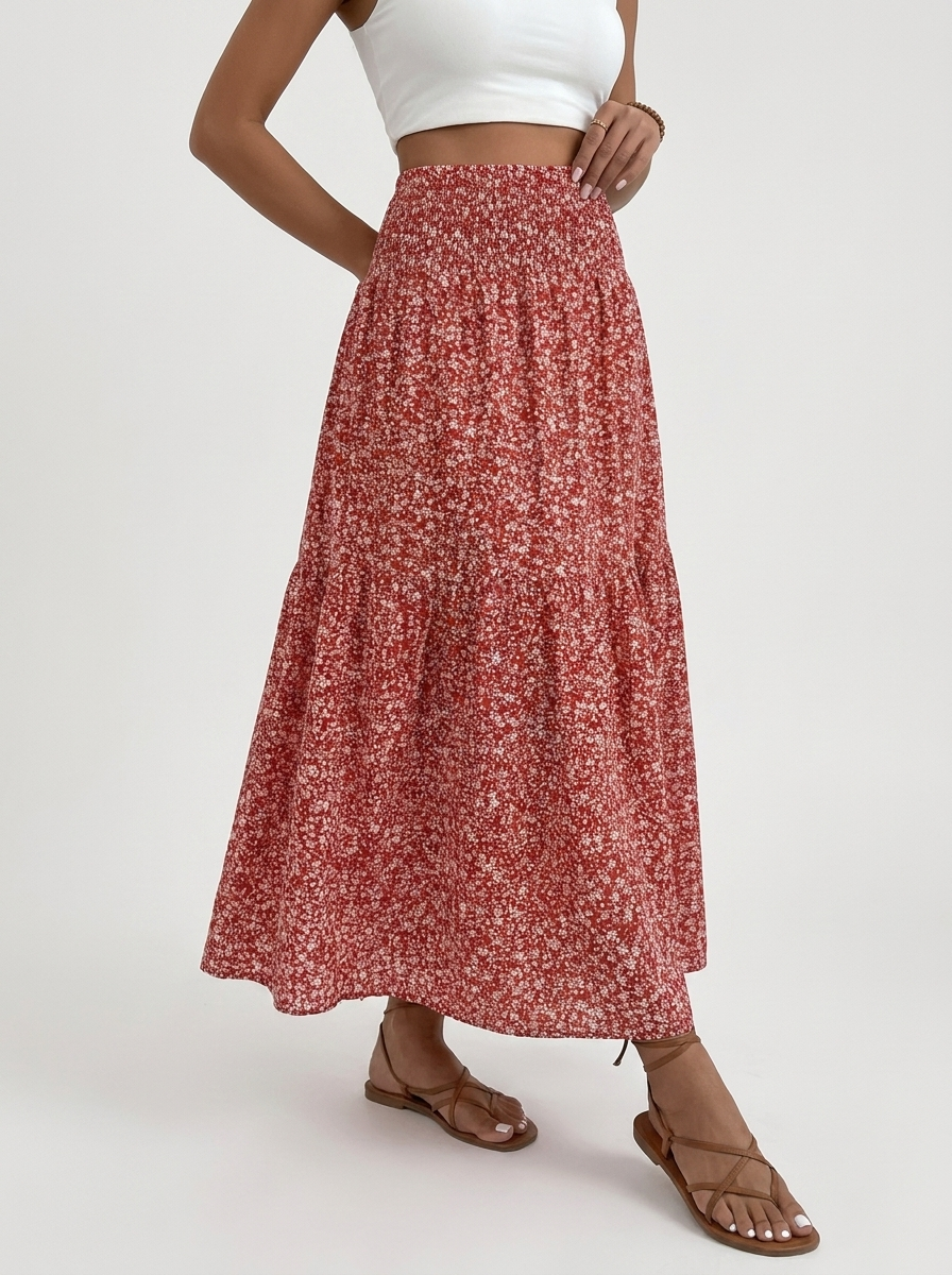 Mona | Blomstret Nederdel Med Smock Talje Lang Maxinederdel