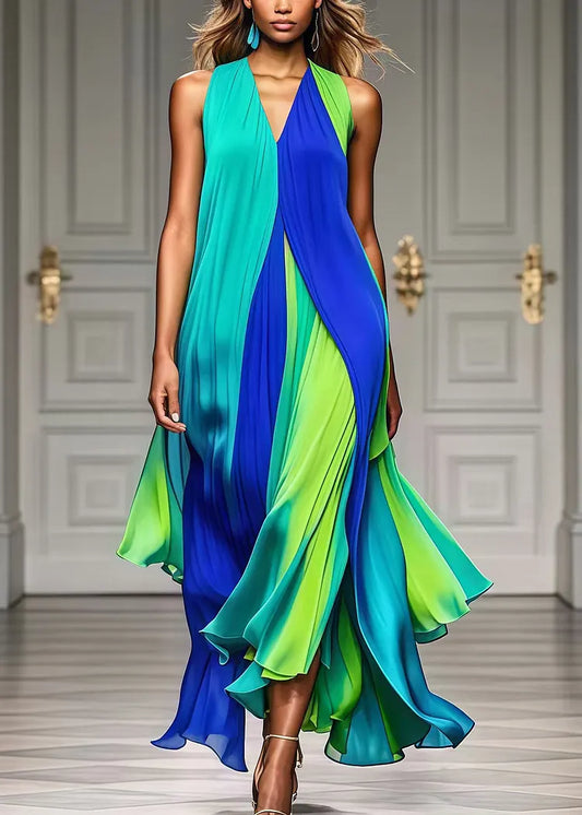 Alice | Farverig Front-Plisseret Halter Chiffon Maxi Strandkjole