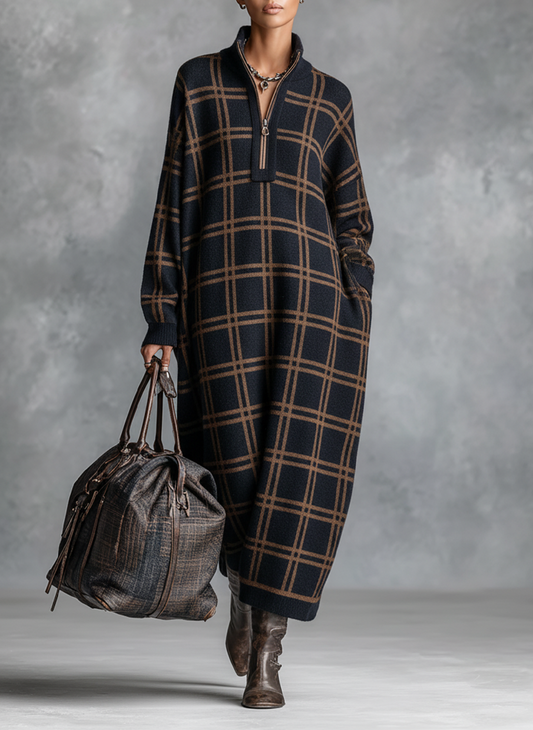 Rory | Women's Checked Knit Maxi Dress with Zip Neck