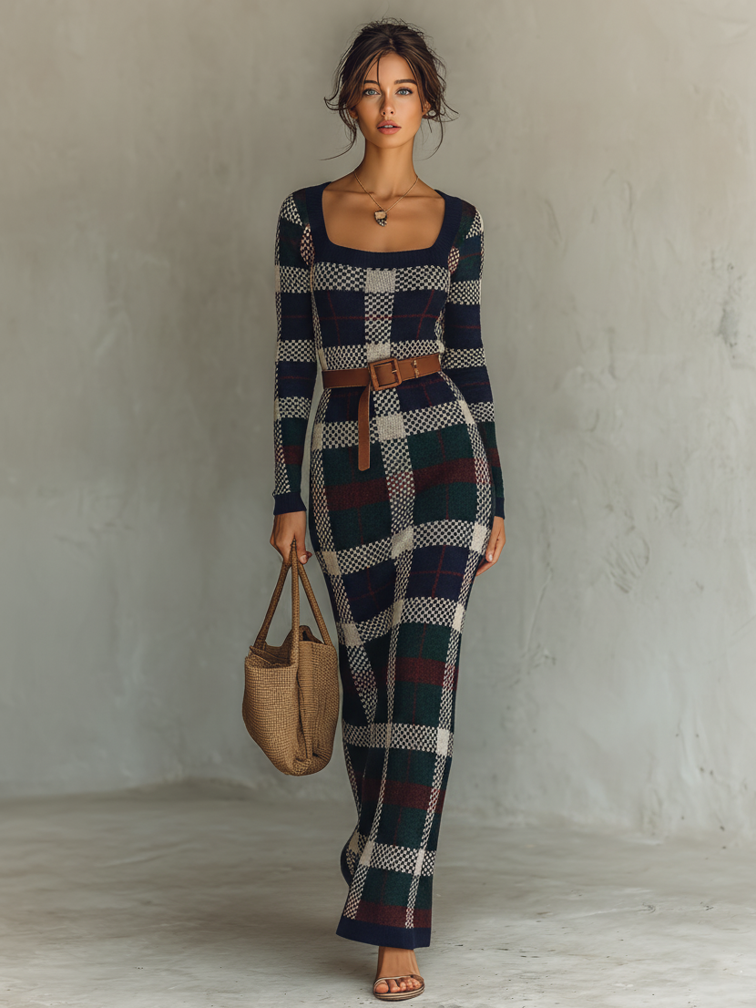 Hazel | Women's Checked Knit Maxi Dress with Belt