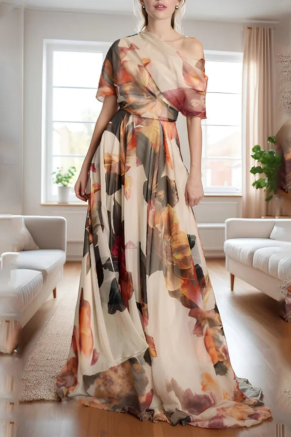 Charlee | Botanical Print One Shoulder Long Maxi Dress