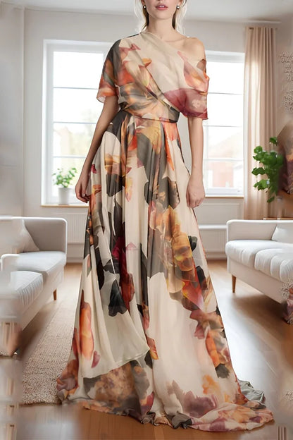 Charlee | Botanical Print One Shoulder Long Maxi Dress