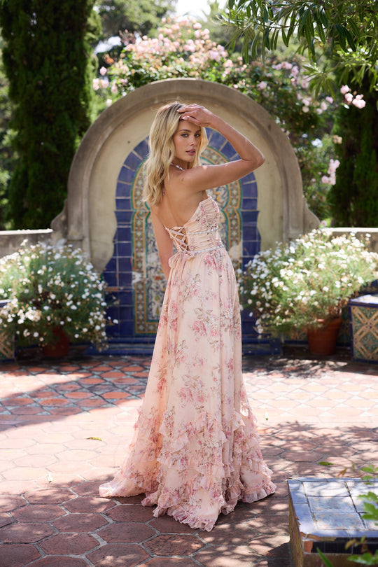 Sloane | Botanical Print Trim Halter Summer Wedding Guest Maxi Dress