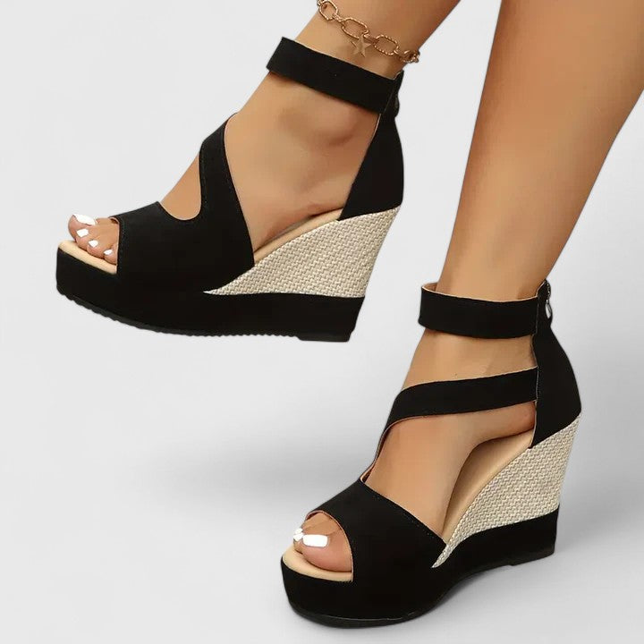 Mary | Black Strap Woven Wedge-Heel Platform Sandals