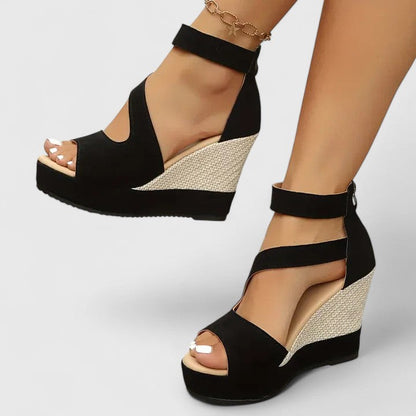 Mary | Black Strap Woven Wedge-Heel Platform Sandals