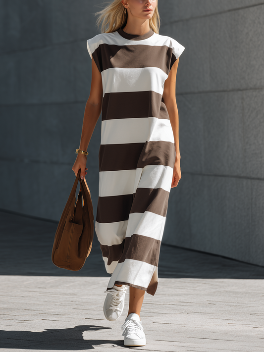 Sienna | Women's Brown and White Knit Maxi Dress with Crew Neck