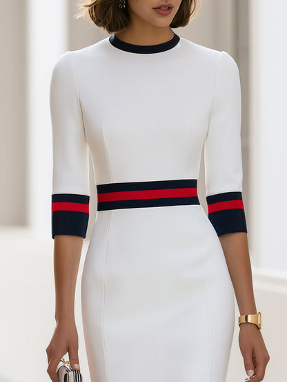 White Midi Dress with Contrast Stripes and Crew Neck
