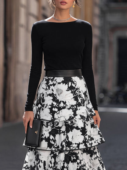 Fitted Top and Floral Midi Skirt Set