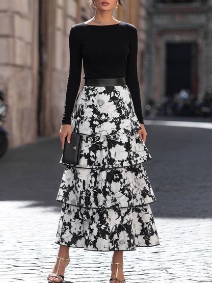 Fitted Top and Floral Midi Skirt Set
