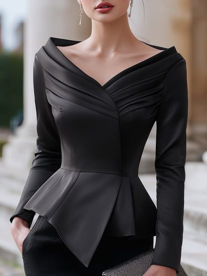 Draped Satin Peplum Blouse with Long Sleeves