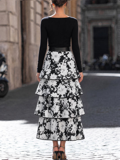 Fitted Top and Floral Midi Skirt Set