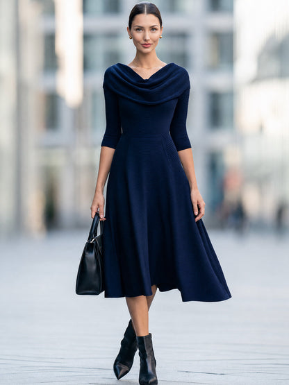 Navy Ribbed Knit Midi Dress with Cowl Neck