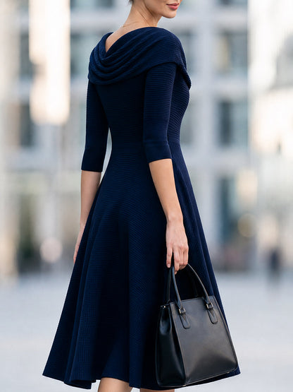 Navy Ribbed Knit Midi Dress with Cowl Neck