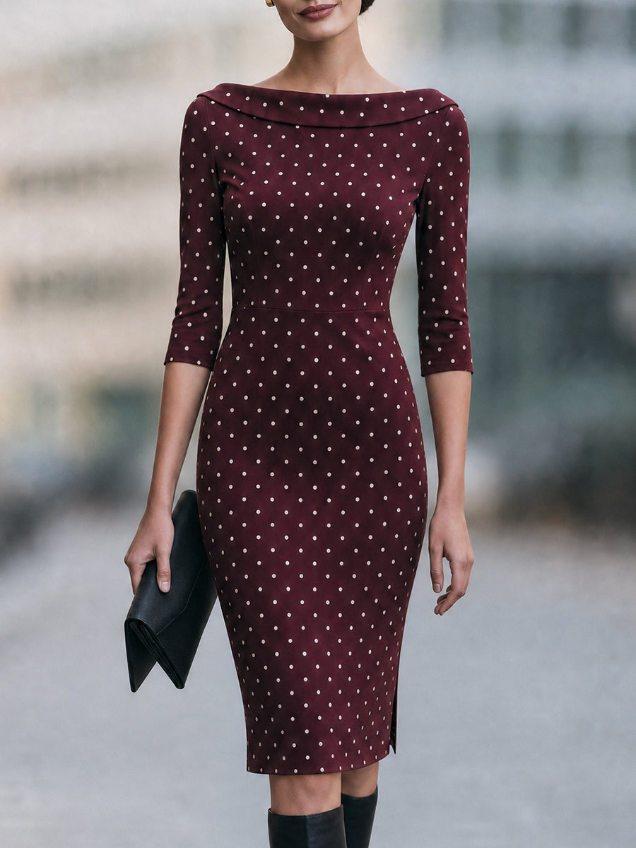 Burgundy Polka Dot Midi Dress with Boat Neck