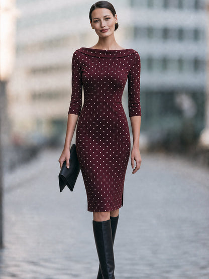 Burgundy Polka Dot Midi Dress with Boat Neck