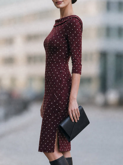 Burgundy Polka Dot Midi Dress with Boat Neck
