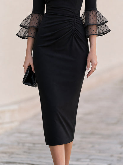 Polka Dot Cocktail Dress with Tulle Sleeves and Boat Neck