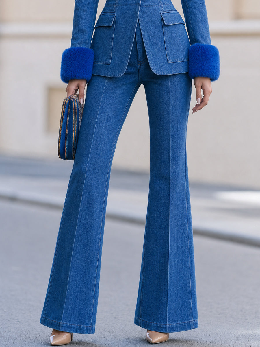 Blazer with Faux Fur Cuffs and Flared Jeans Set