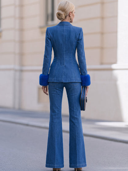 Blazer with Faux Fur Cuffs and Flared Jeans Set