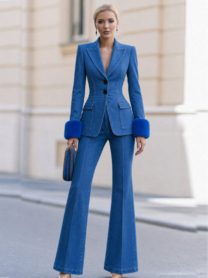 Blazer with Faux Fur Cuffs and Flared Jeans Set