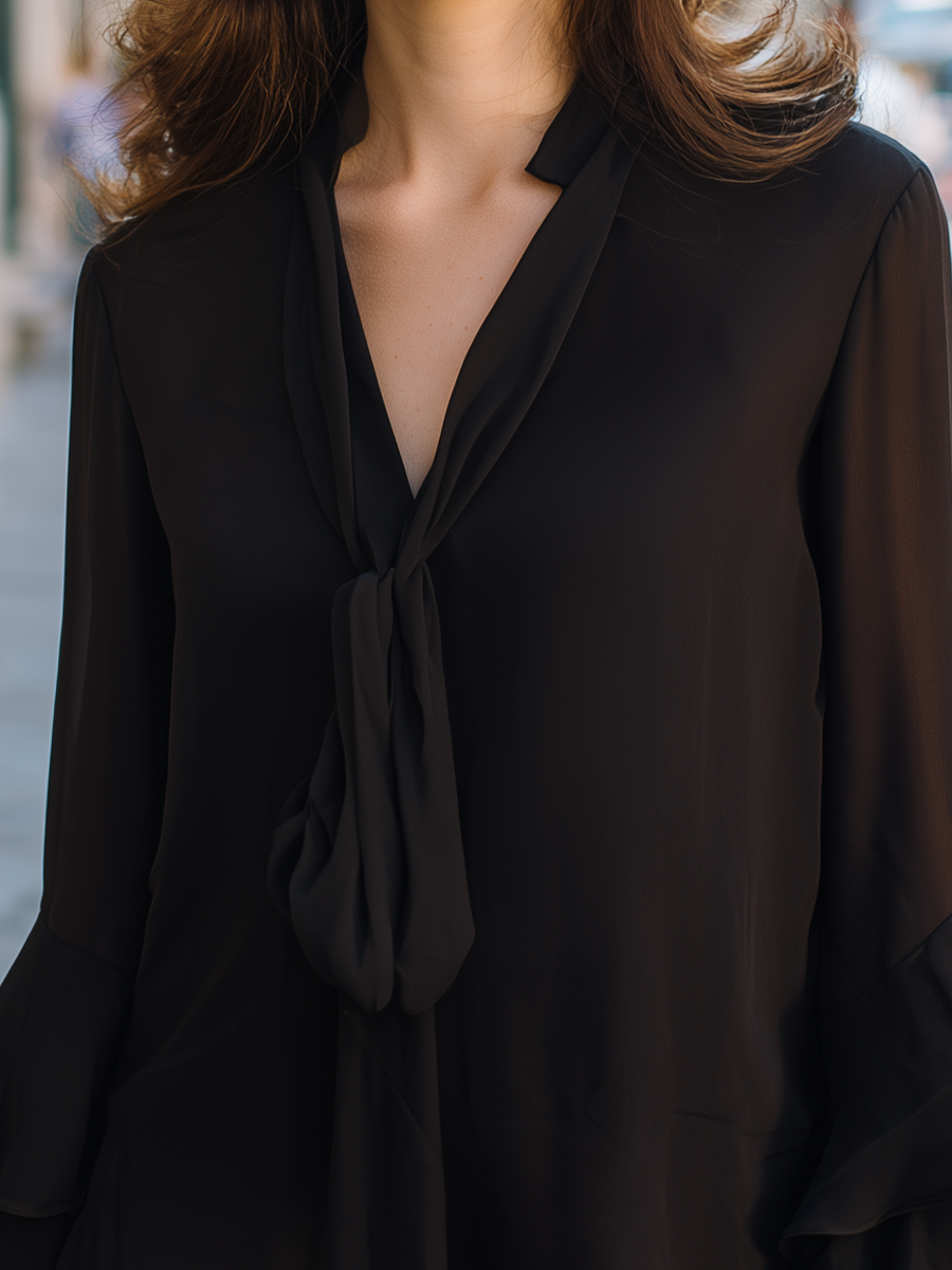 Draped Blouse with Tie Neck and Ruffle Sleeves