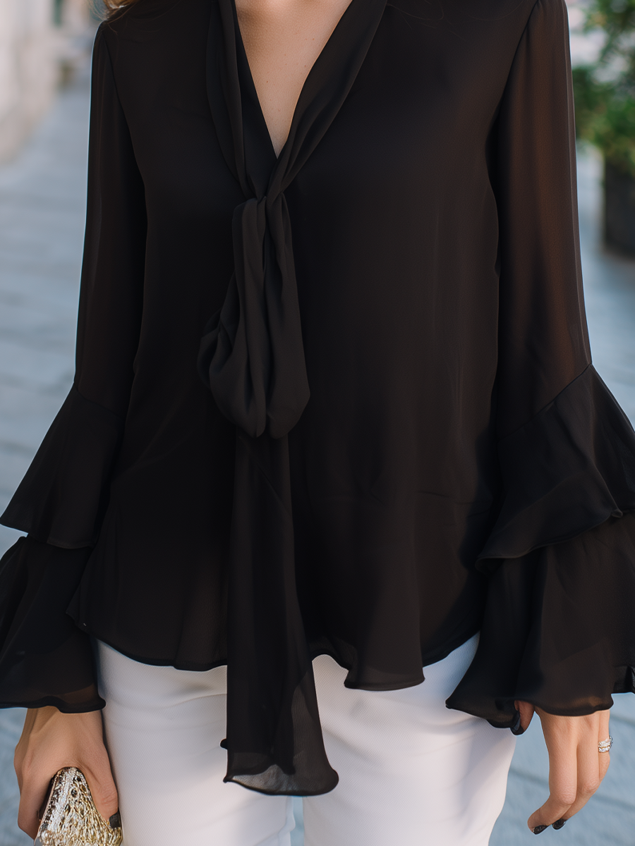 Draped Blouse with Tie Neck and Ruffle Sleeves