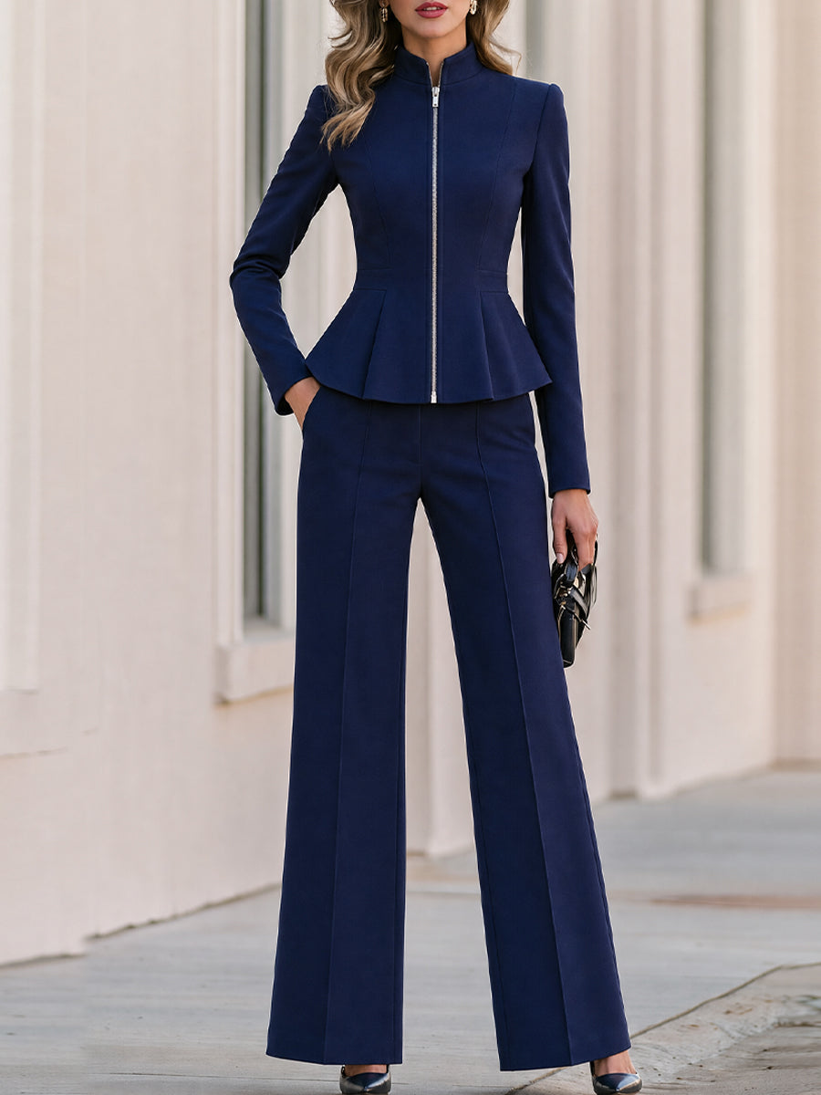 Navy Peplum Blazer and Wide Leg Trouser Suit