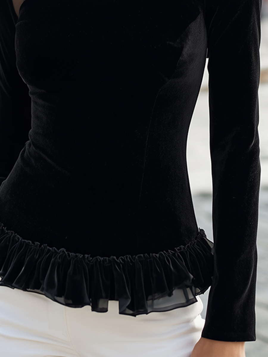 Fitted Top with Sheer Yoke and Ruffle Trim
