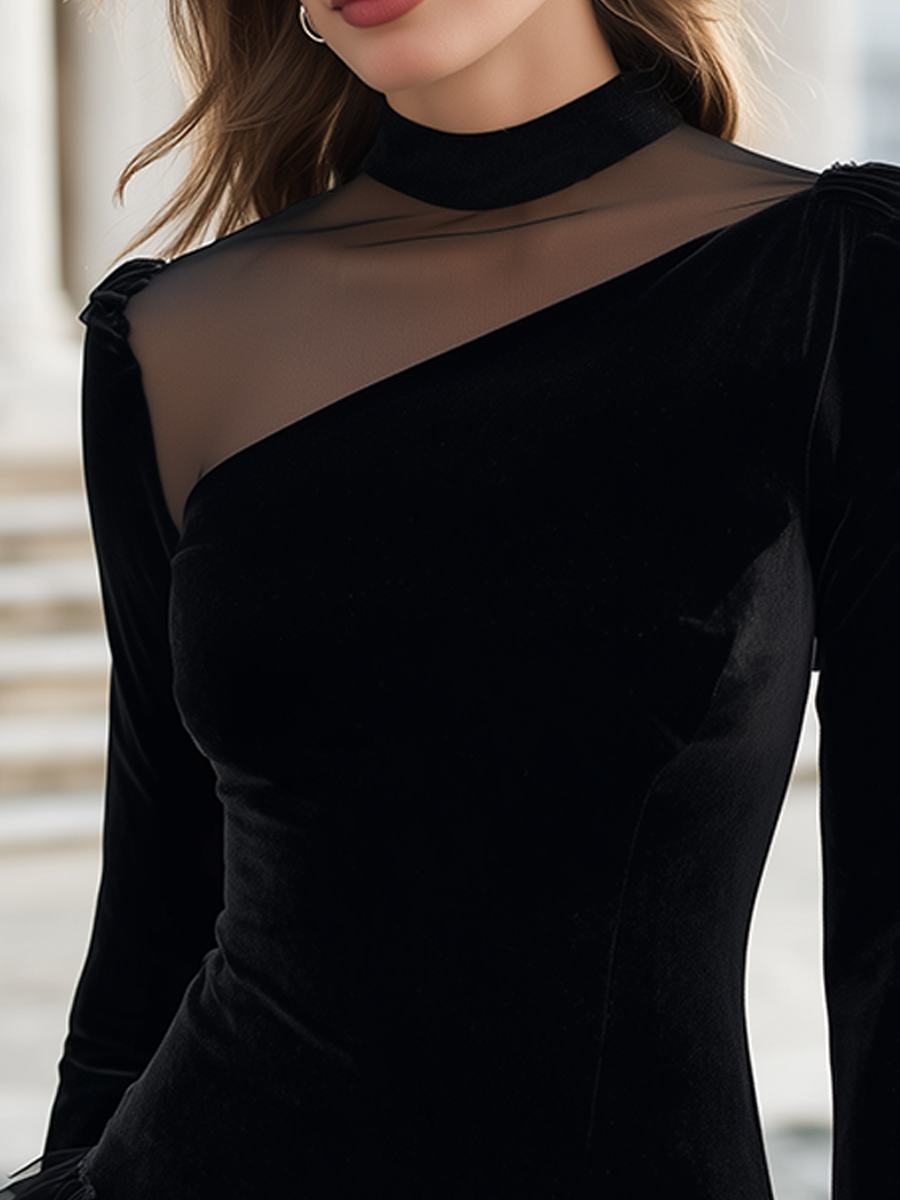 Fitted Top with Sheer Yoke and Ruffle Trim
