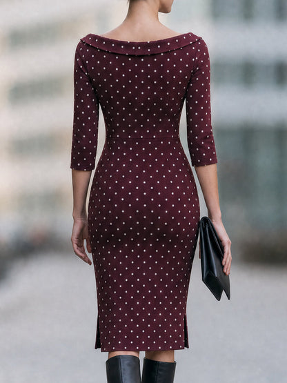 Burgundy Polka Dot Midi Dress with Boat Neck