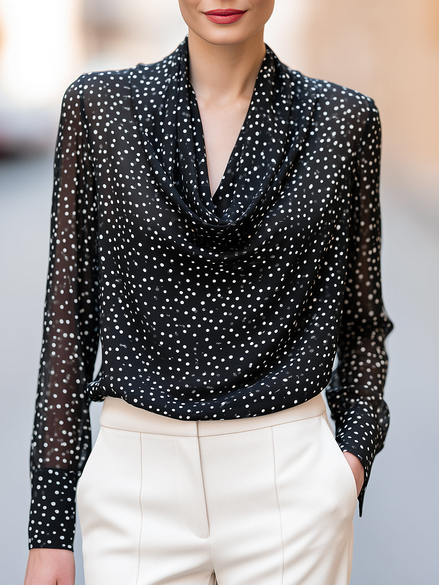 Black Polka Dot Satin Blouse with Cowl Neck