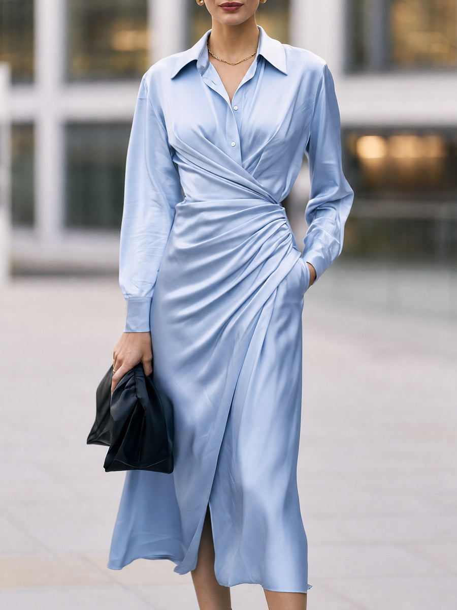 Light Blue Satin Shirt Dress with Collar