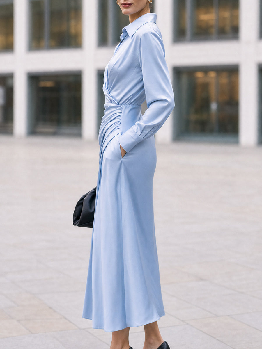 Light Blue Satin Shirt Dress with Collar