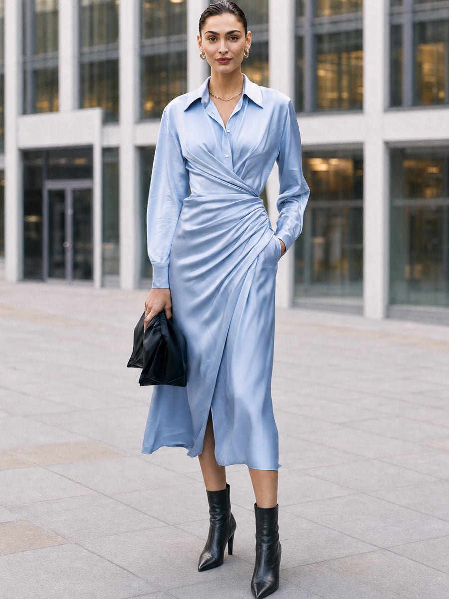 Light Blue Satin Shirt Dress with Collar