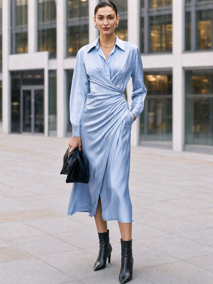 Light Blue Satin Shirt Dress with Collar