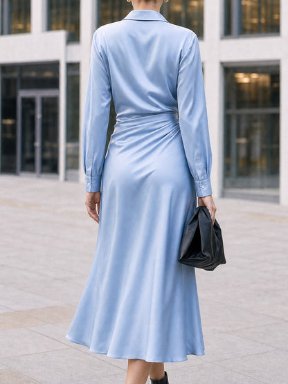 Light Blue Satin Shirt Dress with Collar