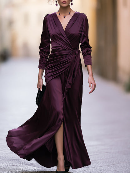 Plum Satin Wrap Maxi Dress with V-Neck