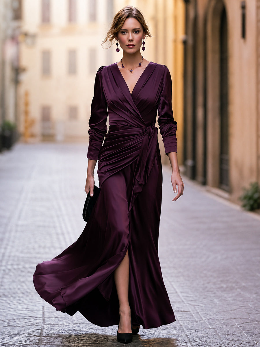 Plum Satin Wrap Maxi Dress with V-Neck